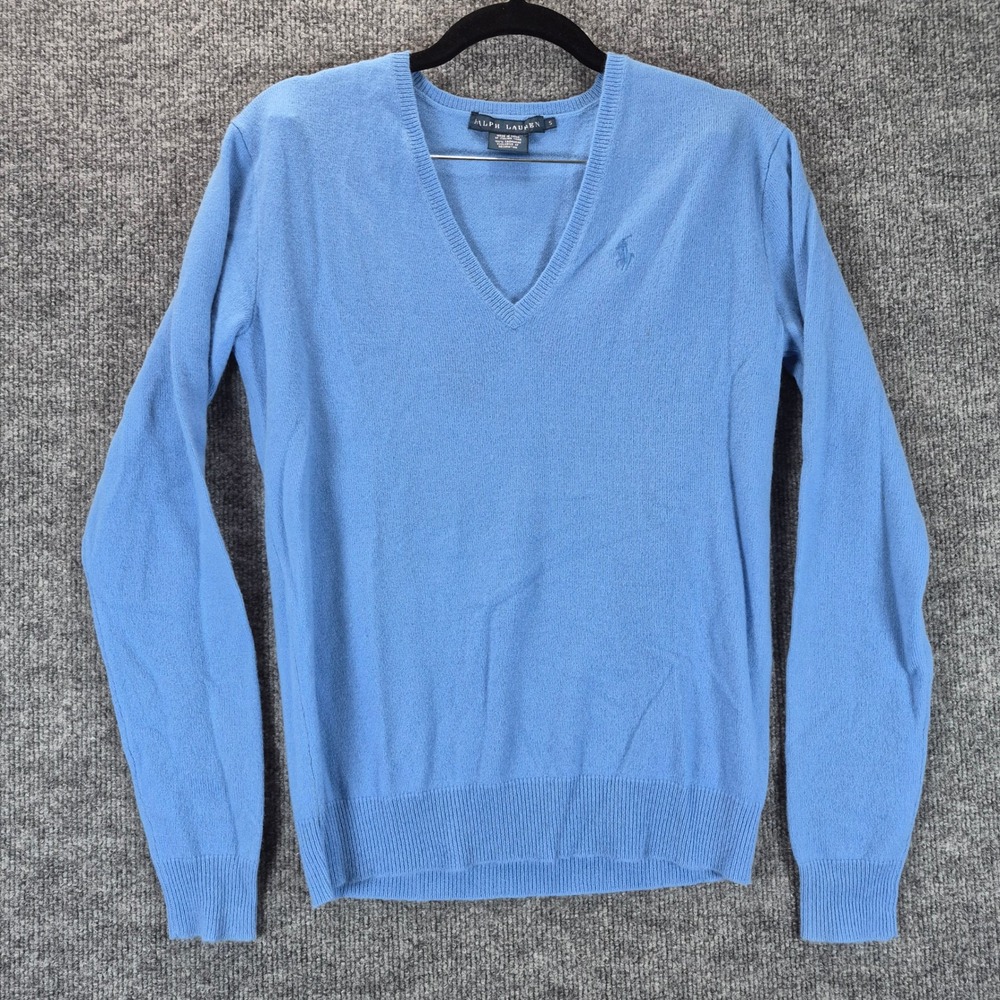Ralph Lauren 100% Cashmere V-Neck Sweater Women's Small Blue – Stain